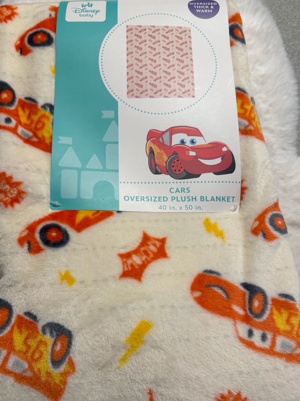 Disney Cars Plush Blanket White Orange Yellow